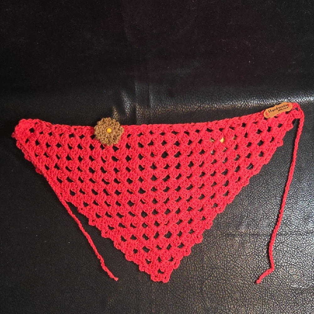 Handmade Red Crochet Bandana Scarf with Flower Accent